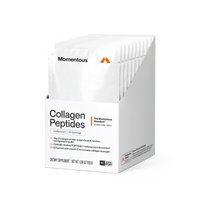 Momentous Collagen Peptides box of packets, Unflavored, 10 Servings, The Momentous Standard Signature Spec, 15g of collagen protein supports joint, tendon, and ligament health, clinically studied FORTIGEL reduces joint discomfort, enhanced with vitamin C to increase collagen strength, dietary supplement net wt 5.96 oz 169 g, NSF Certified Sport, side panel: setting the category standard with two collagen sources, FORTIGEL and vitamin C, to stimulate cartilage growth and support recovery. (492 chars)