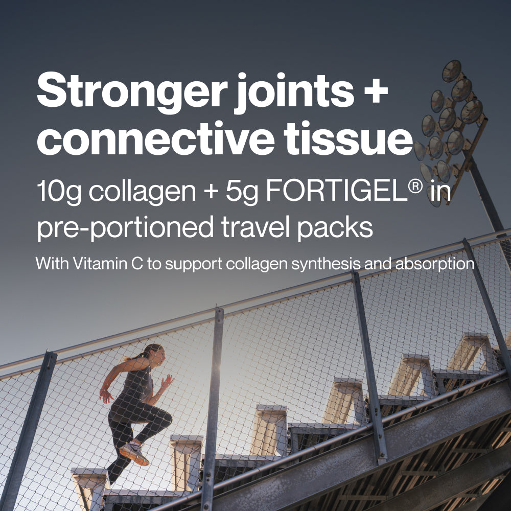 A person running up stadium stairs. Text reads: “Stronger joints + connective tissue. 10g collagen + 5g FORTIGEL® in pre-portioned travel packs. With Vitamin C to support collagen synthesis and absorption”.