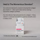 Momentous Collagen Shot carton and packet under headline text reading: ‘Held to The Momentous Standard.’ Additional text reads: ‘Our protocol is backed by research showing that collagen plus vitamin C – taken particularly before training – maximizes collagen synthesis. Our shot delivers 10g hydrolyzed bovine collagen + 35mg vitamin C, a precise formulation to optimize benefits when it matters most.’ Bottom text reads: ‘The Momentous Standard. Our unrelenting pursuit of building the best.’