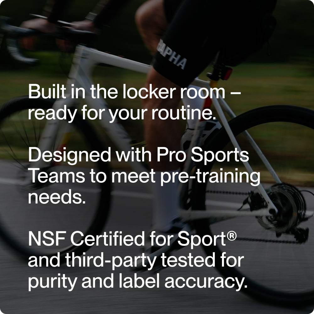 Cyclist background with text describing Momentous Collagen Shot as NSF Certified for Sport, trusted by pro teams, and tested for purity.