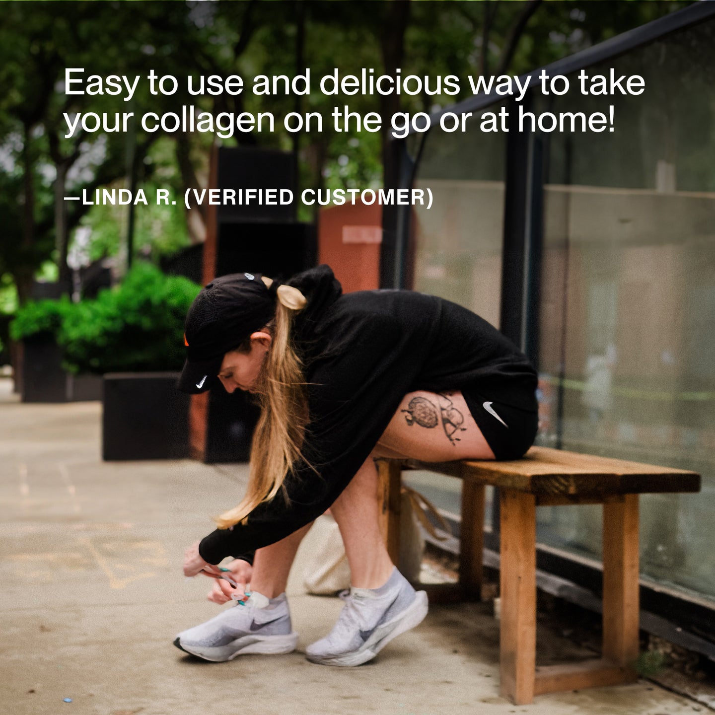 Athletic woman in black Nike gear tying her shoes before a workout, with testimonial text praising the convenience and taste of Momentous Collagen Shot.