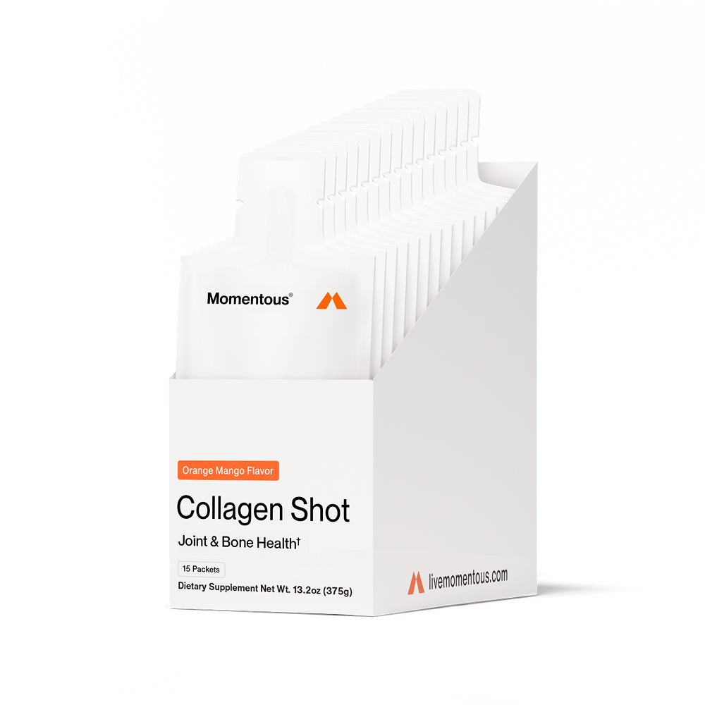 Momentous Collagen Shot Orange Mango flavor carton with 15 packets displayed inside. Box text reads: Collagen Shot, Joint & Bone Health, Dietary Supplement Net Wt. 13.2oz (375g).