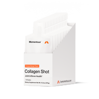 Momentous Collagen Shot Orange Mango flavor carton with 15 packets displayed inside. Box text reads: Collagen Shot, Joint & Bone Health, Dietary Supplement Net Wt. 13.2oz (375g).