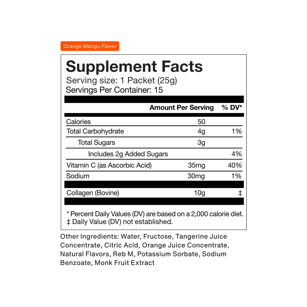 Supplement Facts panel for Momentous Collagen Shot, Orange Mango flavor. Serving size: 1 packet (25g).