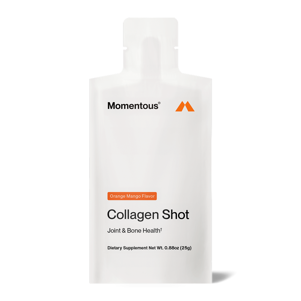 Single serving pouch of Momentous Collagen Shot, Orange Mango flavor. White pouch with Momentous logo and text: Collagen Shot, Joint & Bone Health, Dietary Supplement Net Wt. 0.88oz (25g).