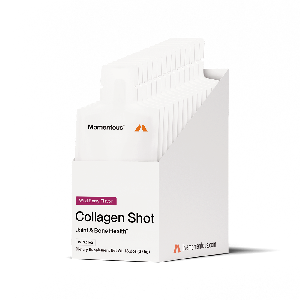 Momentous Collagen Shot Wild Berry flavor carton box with 15 single-serve packets designed for joint and bone health.