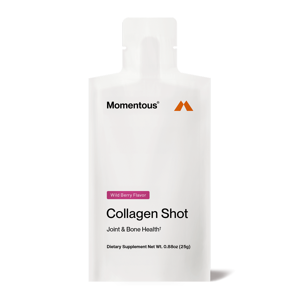 Single-serve pouch of Momentous Collagen Shot Wild Berry flavor, featuring convenient on-the-go collagen support for joints and bones.