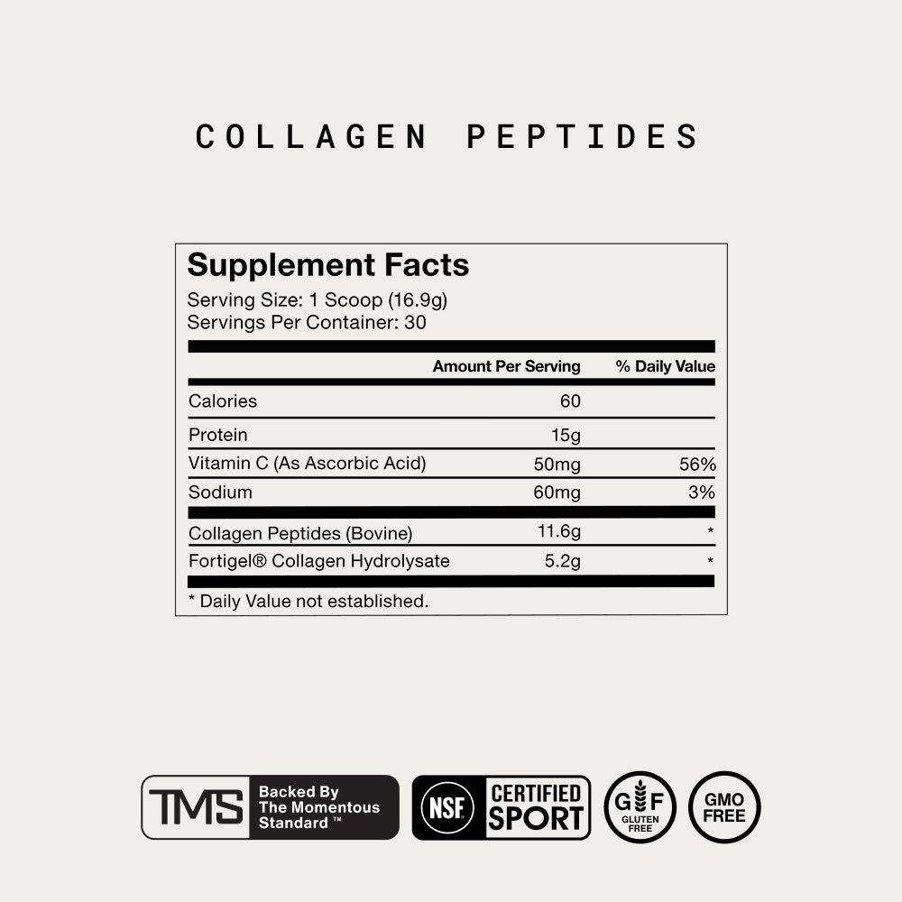 A product label titled “COLLAGEN PEPTIDES” with a Supplement Facts panel. The panel reads: “Supplement Facts. Serving Size: 1 Scoop (16.9g). Servings Per Container: 30.” Table shows “Amount Per Serving” and “% Daily Value.” Listed values include: “Calories 60. Protein 15g. Vitamin C (As Ascorbic Acid) 50mg (56%). Sodium 60mg (3%). Collagen Peptides (Bovine) 11.6g. Fortigel® Collagen Hydrolysate 5.2g.” A footnote reads: “* Daily Value not established.” Below the panel are certification icons reading: “TMS Ba
