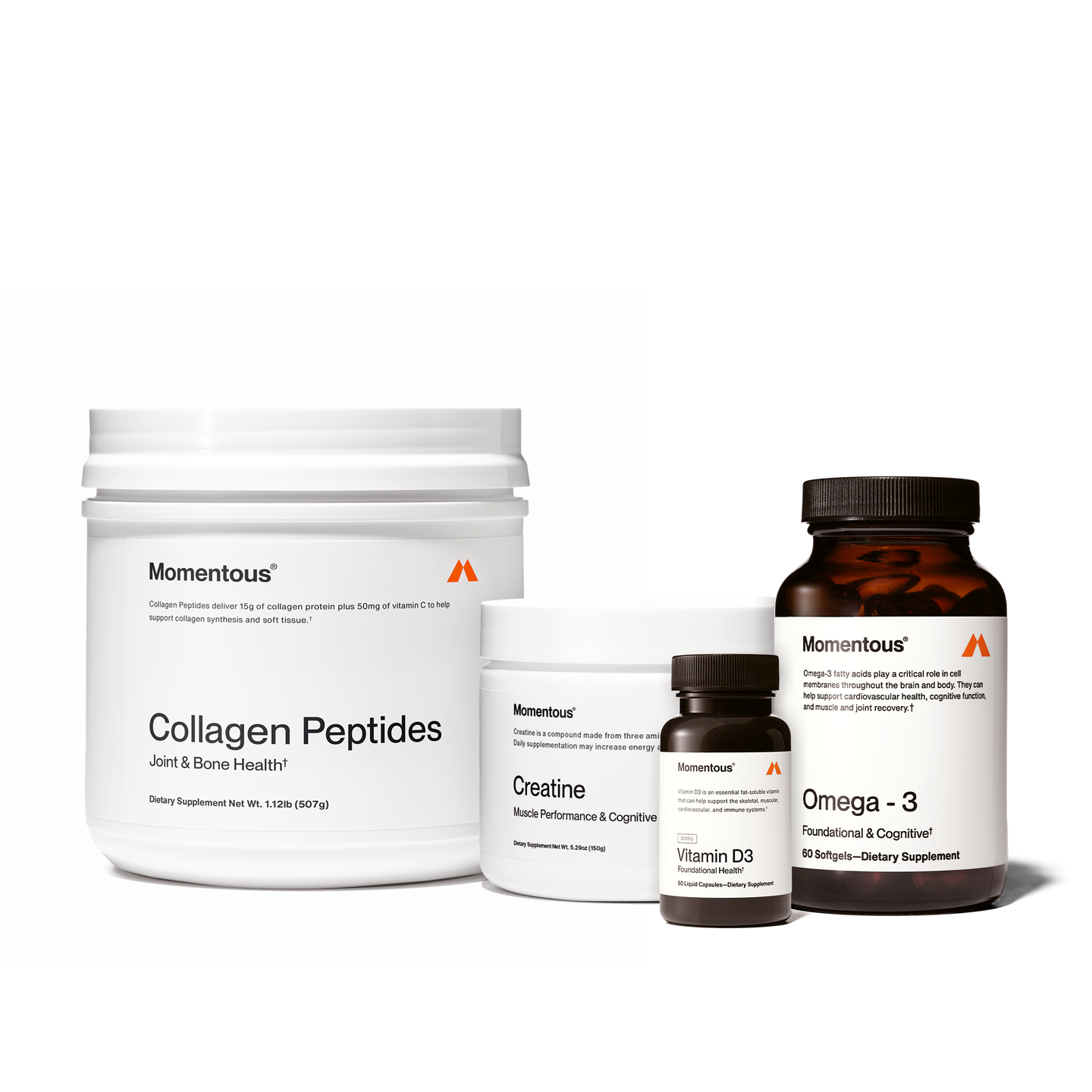 Bundle containing a Omega-3 pill bottle, a jar of Collagen peptides, a jar of creatine, and a pill bottle of vitamin d3