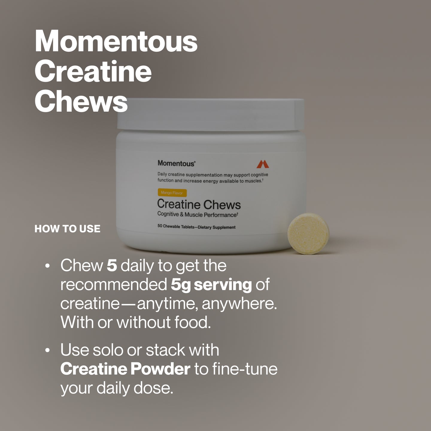 Lifestyle product graphic for Momentous Creatine Chews featuring a white jar of the mango flavor beside a single yellow chewable tablet. Large headline text reads “Momentous Creatine Chews.” A usage section titled “How to Use” explains dosing instructions: chew five tablets daily to reach the recommended 5 grams of creatine. The instructions note the chews can be taken anytime, anywhere, with or without food, and can be used alone or stacked with creatine powder to fine-tune daily dosing.
