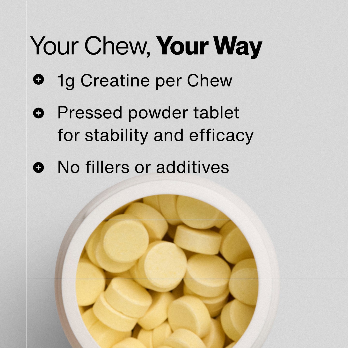 Your Chew, Your Way. Open jar of yellow chewable creatine tablets on a light gray background. Three product callouts: 1g Creatine per Chew, Pressed powder tablet for stability and efficacy, No fillers or additives.