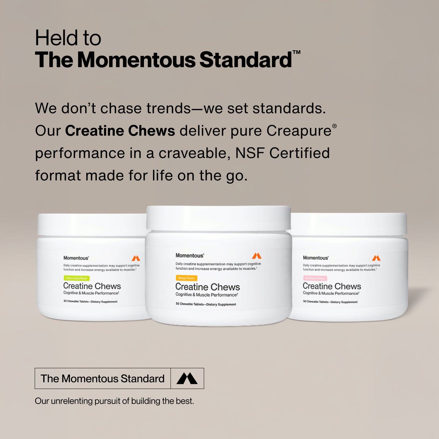 Brand marketing graphic for Momentous Creatine Chews featuring three jars in lemon lime, mango, and strawberry flavors on a neutral beige background. Headline text reads “Held to The Momentous Standard.” Supporting text states “We don’t chase trends — we set standards.” The graphic explains that the chews deliver Creapure creatine in a convenient chewable format and are NSF Certified for Sport. A logo and tagline at the bottom reads “The Momentous Standard — Our unrelenting pursuit of building the best.”