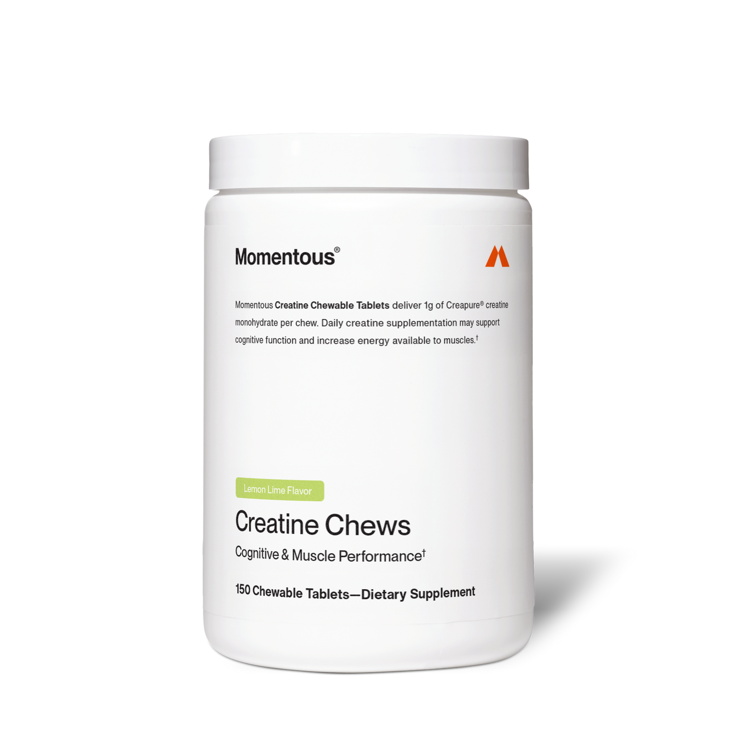 Front view of Momentous Creatine Chews container labeled Lemon Lime Flavor, Cognitive & Muscle Performance, 150 chewable tablets.