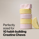 Stack of pink and yellow creatine chew tablets with text: “Perfectly sized for 10 habit-building Creatine Chews.”
