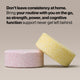 Two creatine chew tablets with text: “Don’t leave consistency at home. Bring your routine with you on the go so strength, power, and cognitive function support never get left behind.”