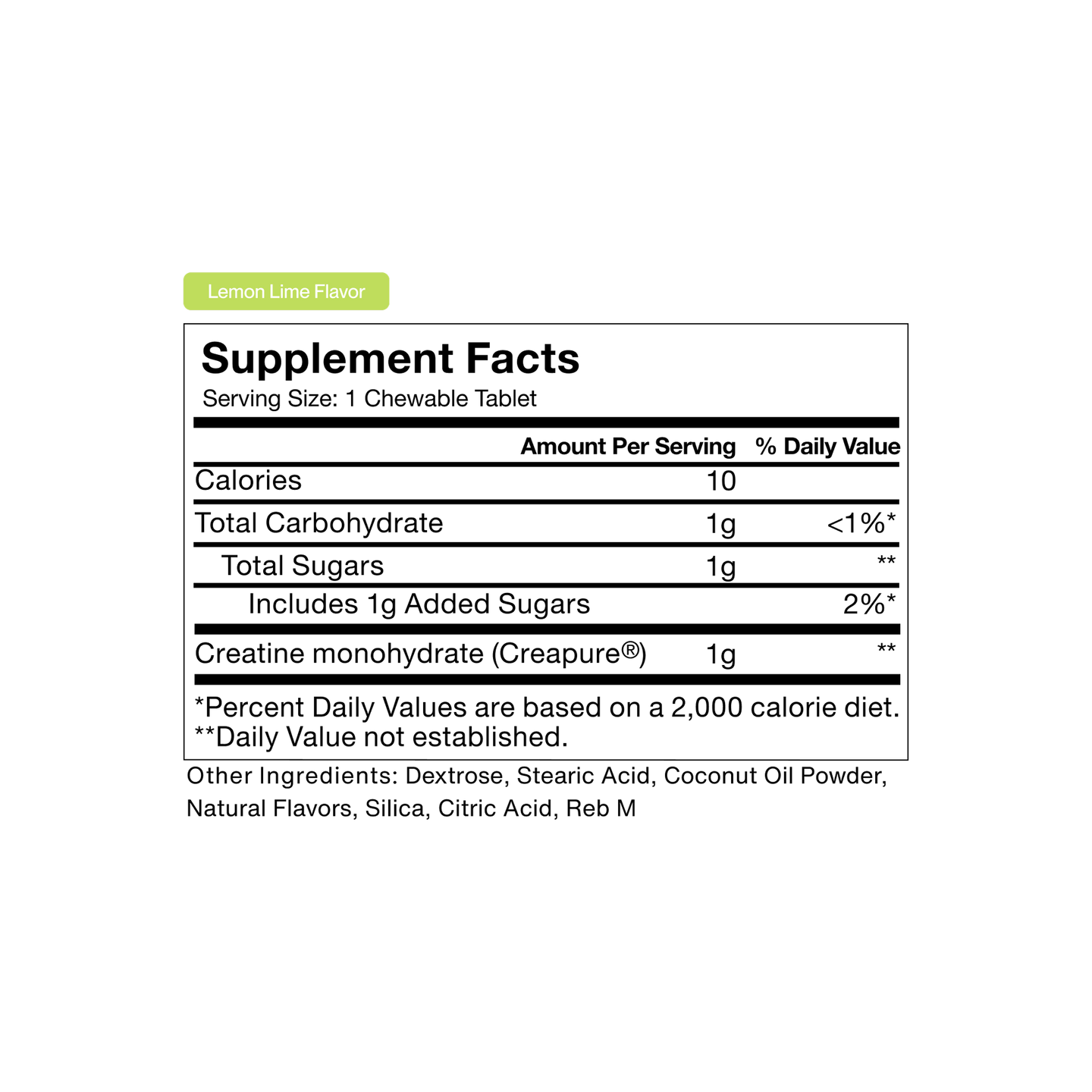 Supplement facts label for Momentous Creatine Chews, Lemon Lime Flavor, showing nutritional information and ingredients.