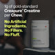 Momentous Creatine Chews container on gym bench. Text highlights 1g of Creapure® creatine per chew, with no artificial ingredients, fillers, or fluff.