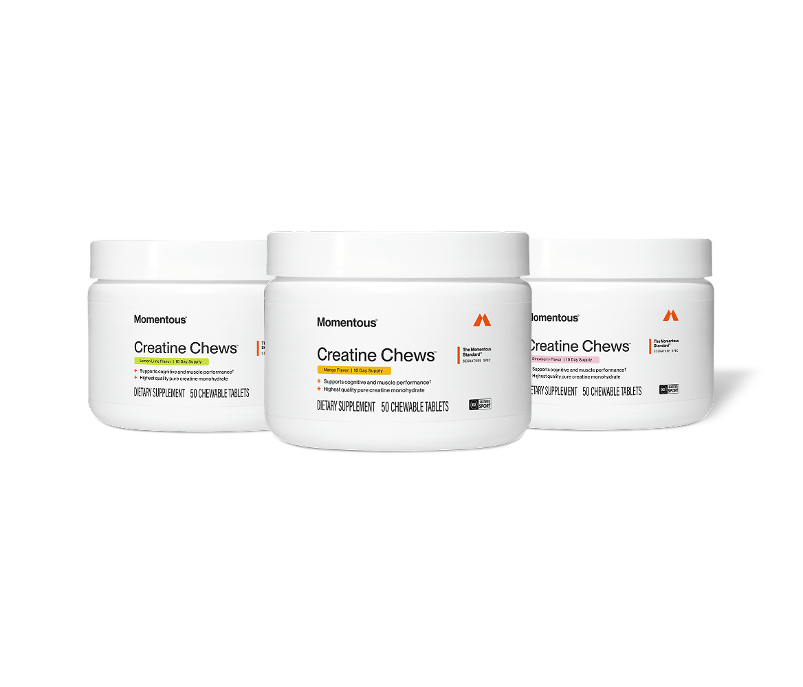 Three jars of Momentous Creatine Chews side by side on a white background. Left jar: Lemon Lime Flavor, 10 Day Supply. Center jar: Mango Flavor, 10 Day Supply, The Momentous Standard Signature Spec, NSF Certified for Sport. Right jar: Strawberry Flavor, 10 Day Supply. All jars: Dietary Supplement, 50 Chewable Tablets. Key benefits on each label: Supports cognitive and muscle performance, Highest quality pure creatine monohydrate.