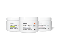 Three jars of Momentous Creatine Chews side by side on a white background. Left jar: Lemon Lime Flavor, 10 Day Supply. Center jar: Mango Flavor, 10 Day Supply, The Momentous Standard Signature Spec, NSF Certified for Sport. Right jar: Strawberry Flavor, 10 Day Supply. All jars: Dietary Supplement, 50 Chewable Tablets. Key benefits on each label: Supports cognitive and muscle performance, Highest quality pure creatine monohydrate.