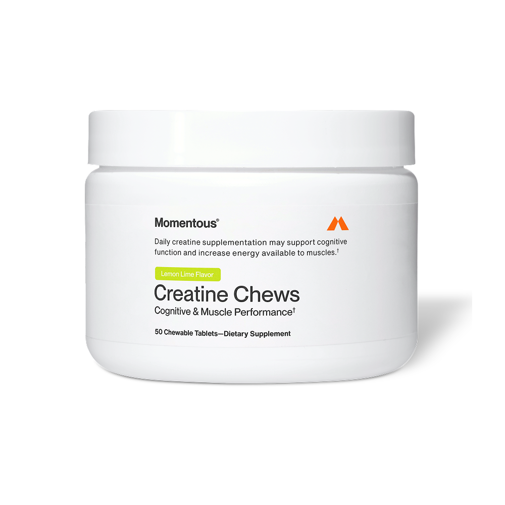 Product image of Momentous Creatine Chews in Lemon Lime flavor. A white supplement jar with a white lid is centered on a white background. The label includes the Momentous logo, the tagline about creatine supporting cognitive function and muscle energy, and a green flavor tag reading “Lemon Lime Flavor.” The label highlights the product name “Creatine Chews,” the benefit “Cognitive & Muscle Performance,” and the product size “50 Chewable Tablets — Dietary Supplement.”