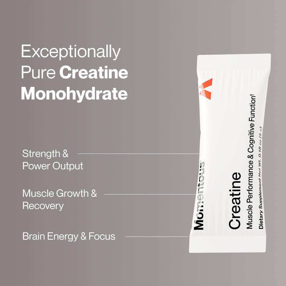 “Creatine packet with text: ‘Exceptionally Pure Creatine Monohydrate. Strength & Power Output. Muscle Growth & Recovery. Brain Energy & Focus.’”