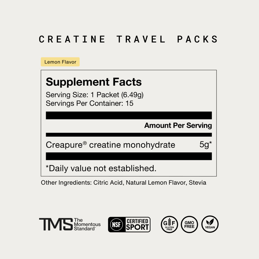 Creatine Travel Packs Lemon Flavor Supplement Facts. Serving Size: 1 packet (6.49g). Servings Per Container: 15. Amount Per Serving: Creapure creatine monohydrate 5g. Daily value not established. Other Ingredients: Citric Acid, Natural Lemon Flavor, Stevia. TMS The Momentous Standard. NSF Certified for Sport. Gluten Free. GMO Free. Vegan.