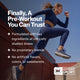 Woman in navy athletic wear sprinting mid-stride past a red brick building under the headline Finally, A Pre-Workout You Can Trust: formulated with key ingredients at clinically studied doses, no proprietary blends, no artificial flavors, colors, or sweeteners, NSF Certified Sport. (282 chars)