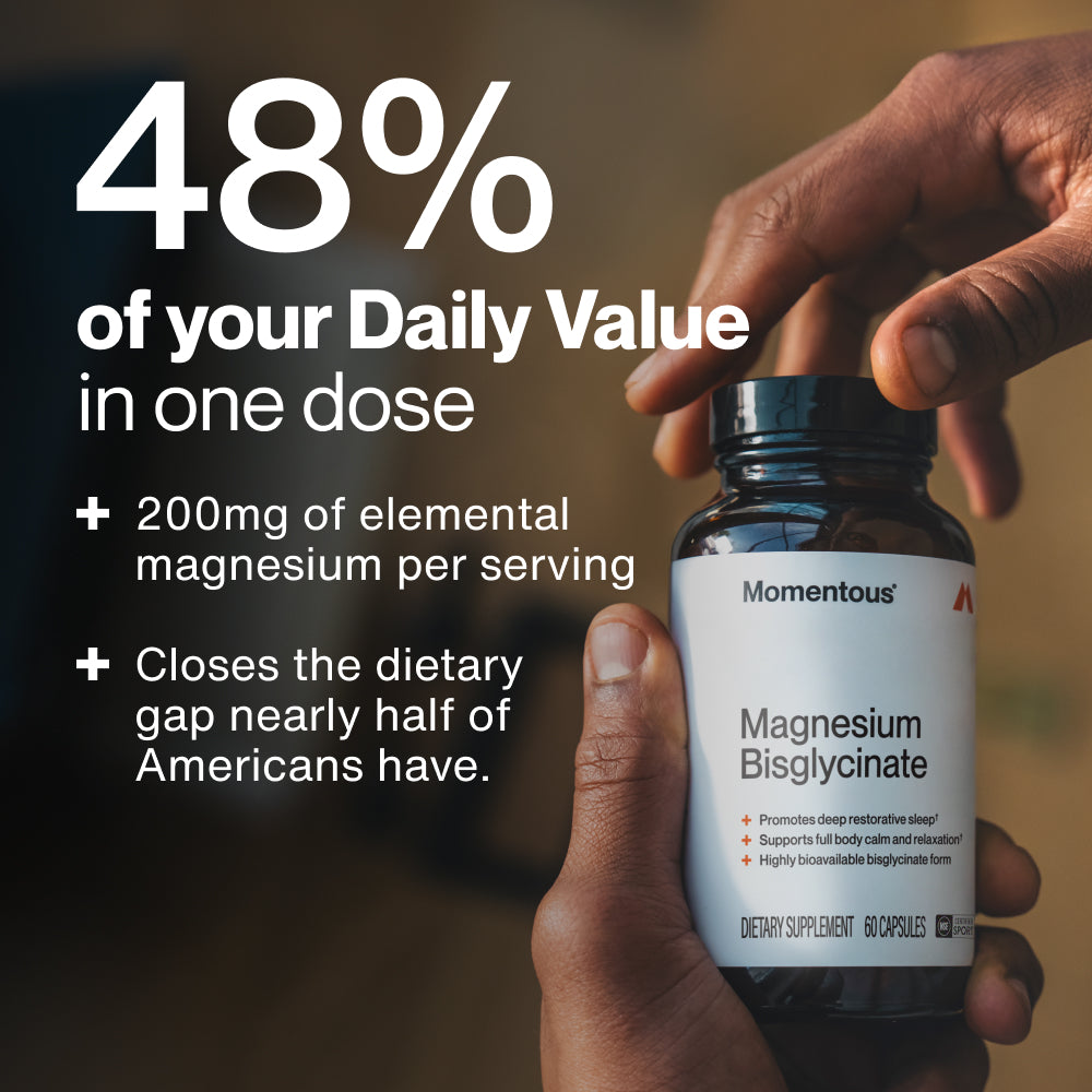 Two hands opening an amber glass bottle of Momentous Magnesium Bisglycinate. Text reads: 48% of your Daily Value in one dose. 200mg of elemental magnesium per serving. Closes the dietary gap nearly half of Americans have. The bottle label reads Magnesium Bisglycinate, with callouts: promotes deep restorative sleep, supports full body calm and relaxation, highly bioavailable bisglycinate form. Dietary Supplement, 60 Capsules, NSF Certified for Sport.