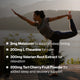 Woman performing a yoga pose outdoors near water and mountains. Text reads: “3mg Melatonin to support sleep timing,” “200mg L-Theanine for calm,” “300mg Valerian Root Extract for relaxation,” and “200mg Tart Cherry Fruit Powder for added sleep and recovery support.”