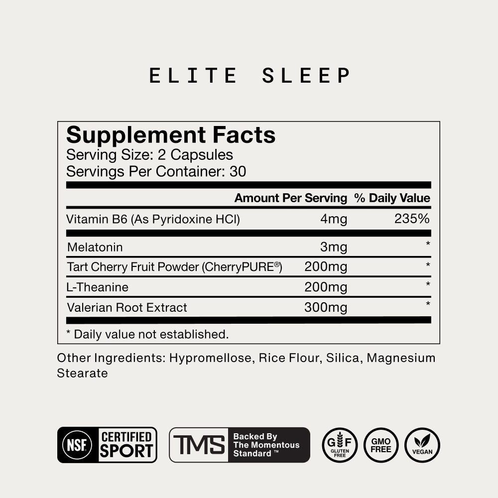 Supplement Facts label for Elite Sleep. Text reads: “ELITE SLEEP,” “Supplement Facts,” “Serving Size: 2 Capsules,” “Servings Per Container: 30.” “Amount Per Serving % Daily Value.” “Vitamin B6 (As Pyridoxine HCl) 4mg 235%.” “Melatonin 3mg *.” “Tart Cherry Fruit Powder (CherryPURE®) 200mg *.” “L-Theanine 200mg *.” “Valerian Root Extract 300mg .” “ Daily value not established.” “Other Ingredients: Hypromellose, Rice Flour, Silica, Magnesium Stearate.” Icons include: “NSF Certified Sport,” “TMS Backed By The M