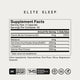 Supplement Facts label for Elite Sleep. Text reads: “ELITE SLEEP,” “Supplement Facts,” “Serving Size: 2 Capsules,” “Servings Per Container: 30.” “Amount Per Serving % Daily Value.” “Vitamin B6 (As Pyridoxine HCl) 4mg 235%.” “Melatonin 3mg *.” “Tart Cherry Fruit Powder (CherryPURE®) 200mg *.” “L-Theanine 200mg *.” “Valerian Root Extract 300mg .” “ Daily value not established.” “Other Ingredients: Hypromellose, Rice Flour, Silica, Magnesium Stearate.” Icons include: “NSF Certified Sport,” “TMS Backed By The M