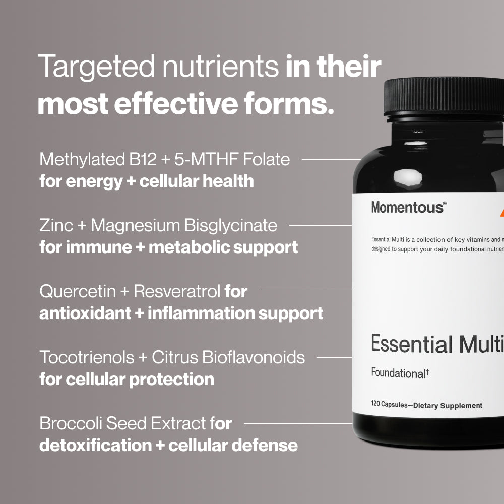 Targeted nutrients in their most effective forms. Methylated B12 + 5-MTHF Folate for energy + cellular health. Zinc + Magnesium Bisglycinate for immune + metabolic support. Quercetin + Resveratrol for antioxidant + inflammation support. Tocotrienols + Citrus Bioflavonoids for cellular protection. Broccoli Seed Extract for detoxification + cellular defense. Image shows Essential Multi bottle.