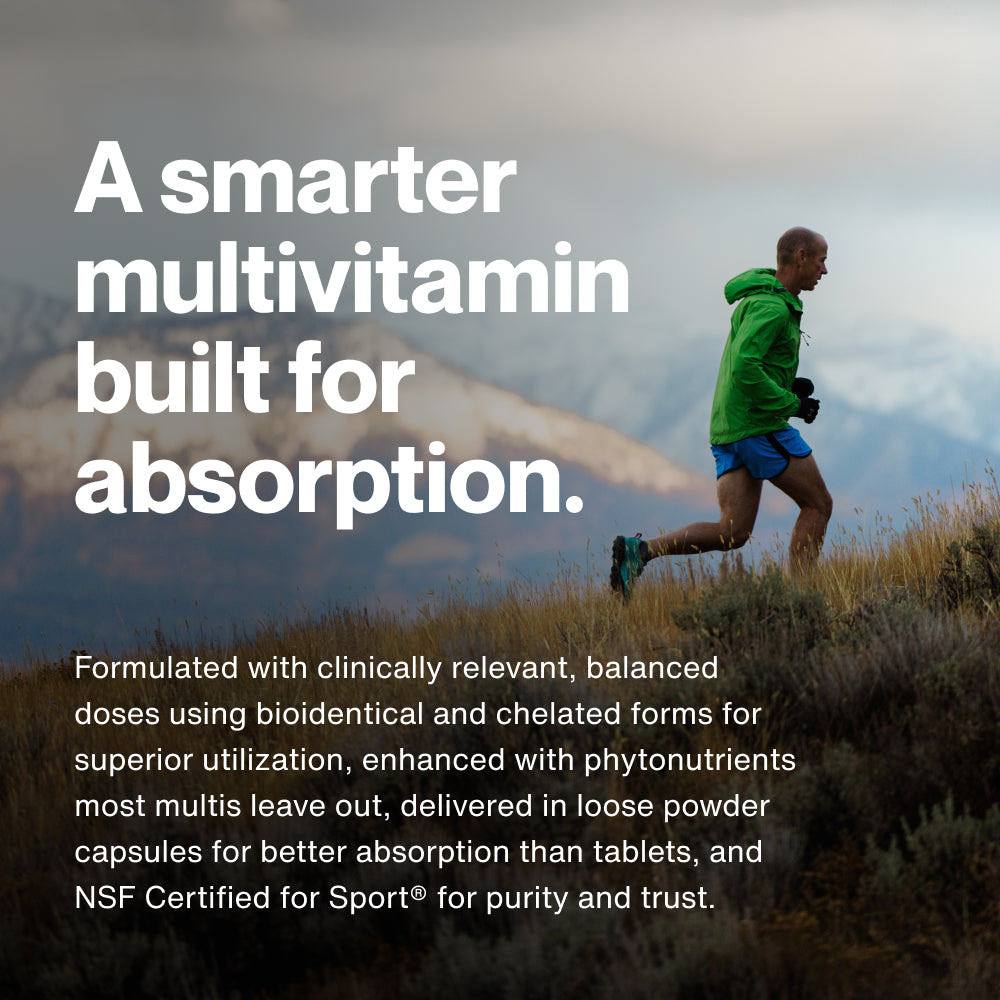 A smarter multivitamin built for absorption. Formulated with clinically relevant, balanced doses using bioidentical and chelated forms for superior utilization, enhanced with phytonutrients most multis leave out, delivered in loose powder capsules for better absorption than tablets, and NSF Certified for Sport® for purity and trust. Image shows a runner on a trail.