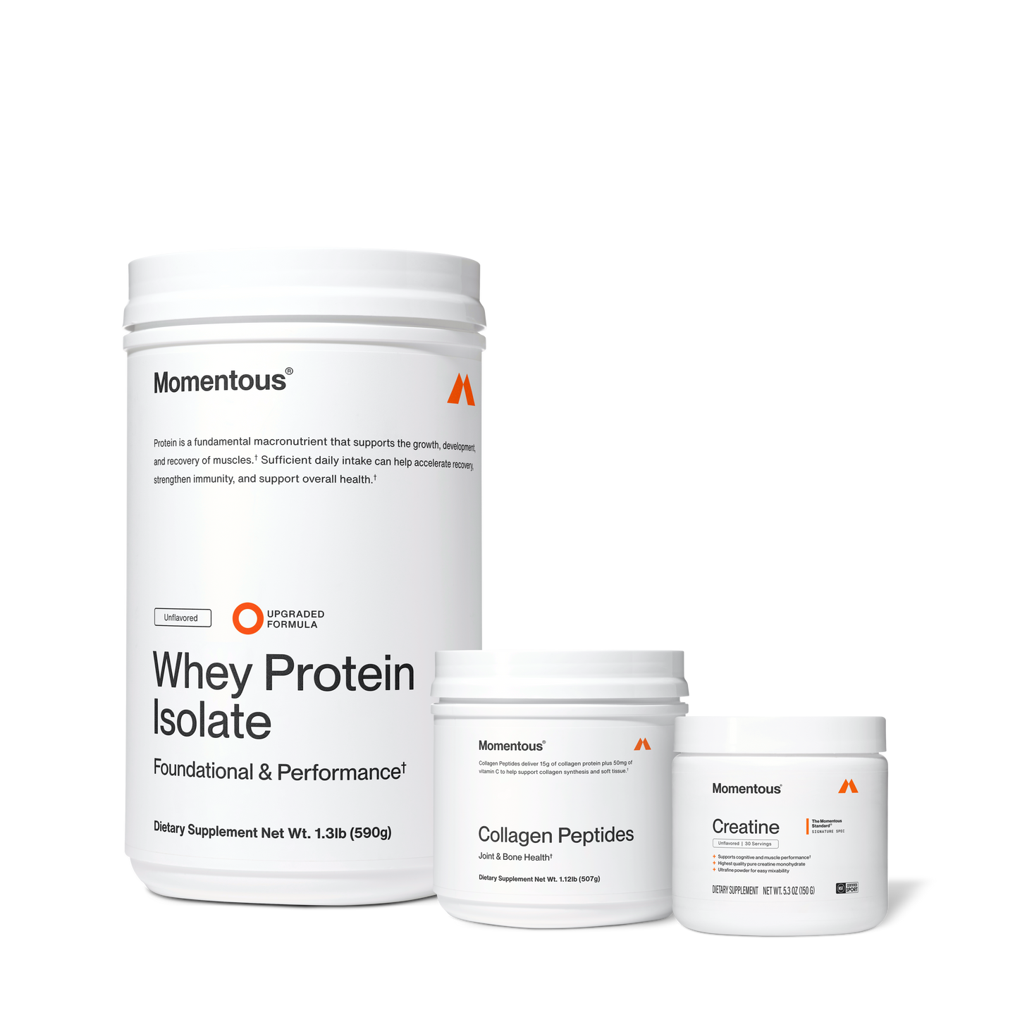 Three Momentous products on black background: Whey Protein Isolate – Unflavored, Upgraded Formula, Foundational & Performance, 1.3lb (590g); Collagen Peptides – Joint & Bone Health, 15g collagen protein plus 50mg Vitamin C, 1.12lb (507g); Creatine – Signature Spec, Unflavored, 30 Servings, 5.3oz (150g), NSF Certified for Sport.