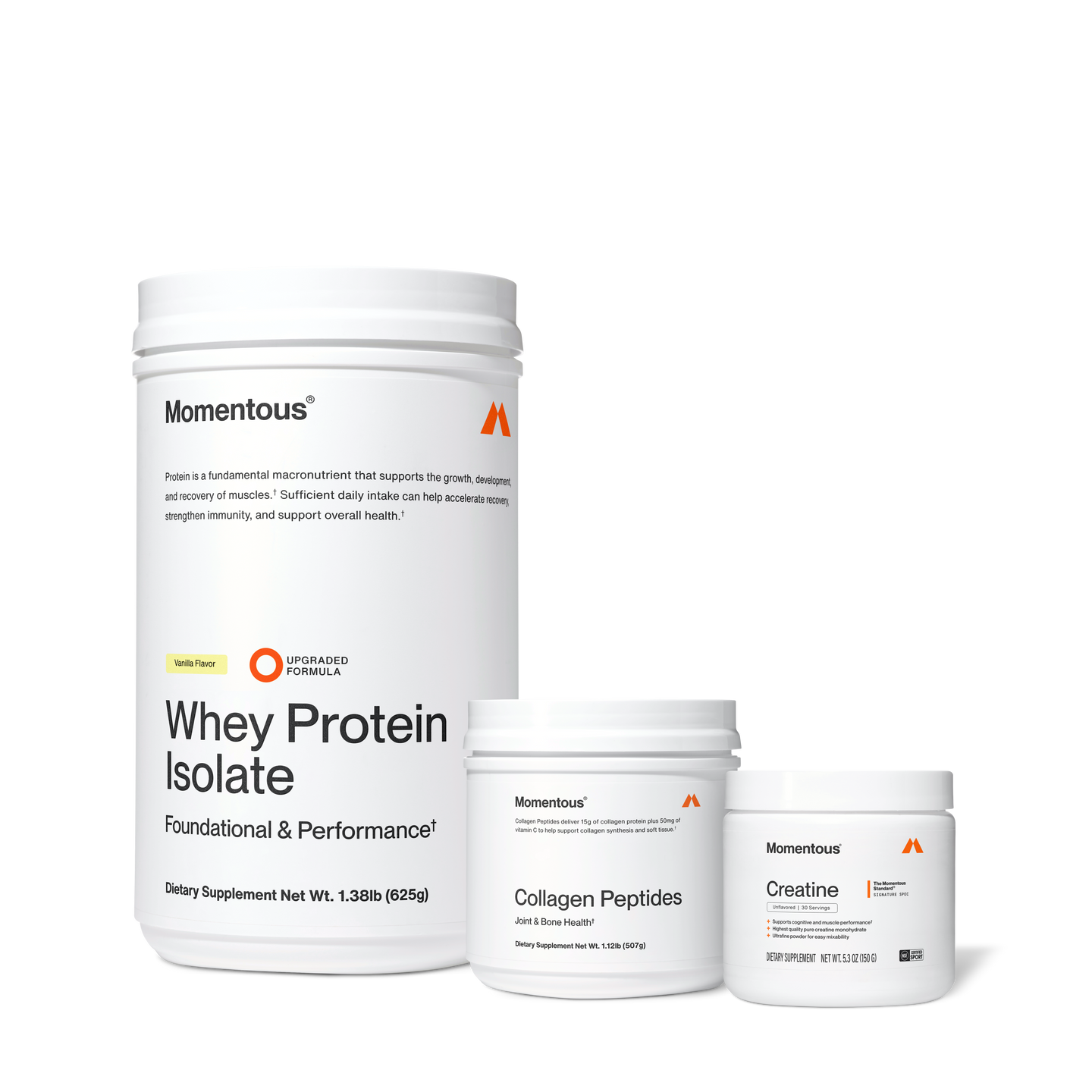 Three Momentous products on black background: Whey Protein Isolate – Vanilla Flavor, Upgraded Formula, Foundational & Performance, 1.38lb (625g); Collagen Peptides – Joint & Bone Health, 15g collagen protein plus 50mg Vitamin C, 1.12lb (507g); Creatine – Signature Spec, Unflavored, 30 Servings, 5.3oz (150g), NSF Certified for Sport.