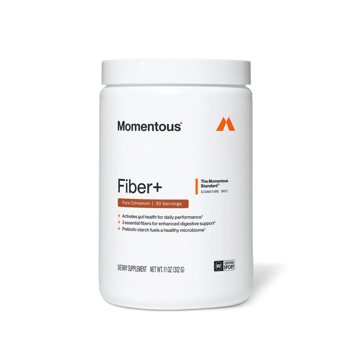 White container of Momentous Fiber+ dietary supplement in pure cinnamon flavor, 30 servings, 11.07 oz.