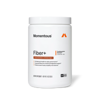 White container of Momentous Fiber+ dietary supplement in pure cinnamon flavor, 30 servings, 11.07 oz.