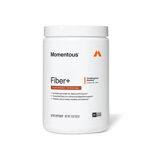 White container of Momentous Fiber+ dietary supplement in pure cinnamon flavor, 30 servings, 11.07 oz.