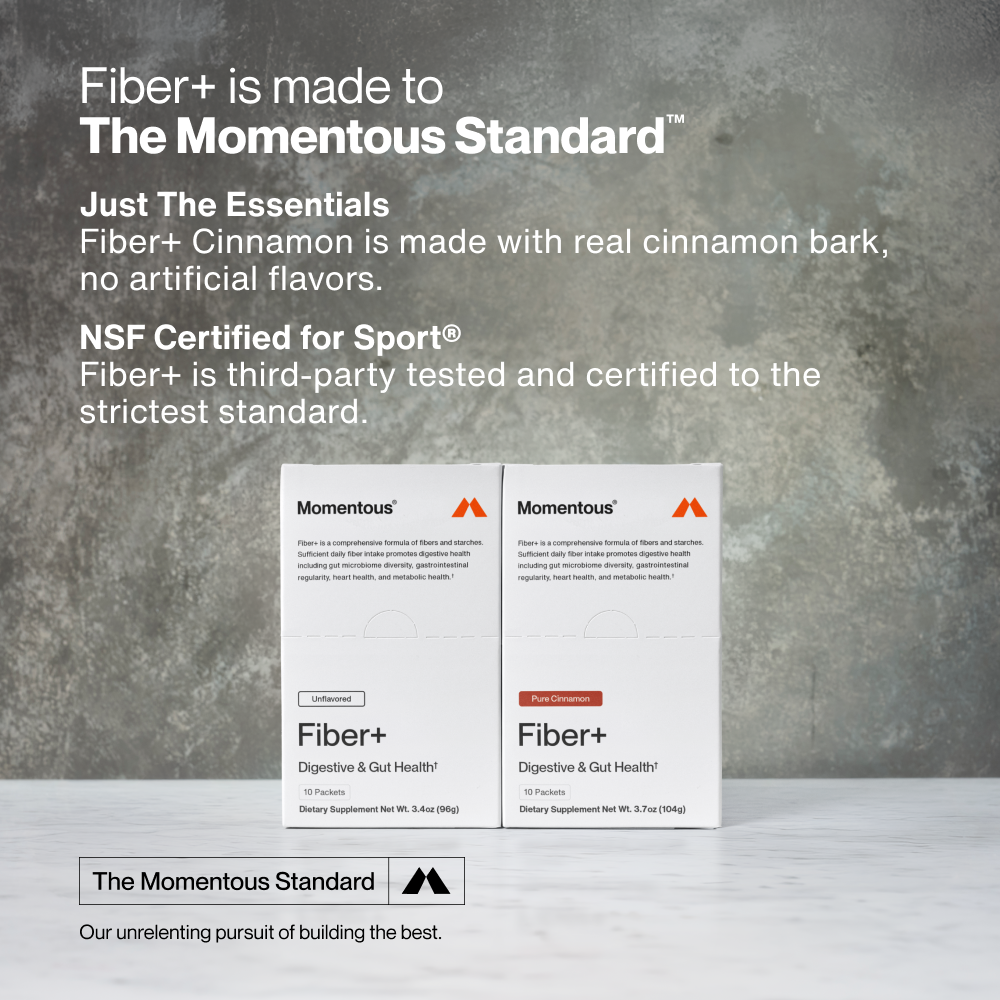 Two boxes of Momentous Fiber+ (Unflavored and Pure Cinnamon) on a clean surface. Text reads: “Fiber+ is made to The Momentous Standard™,” “Just The Essentials Fiber+ Cinnamon is made with real cinnamon bark, no artificial flavors.” “NSF Certified for Sport® Fiber+ is third-party tested and certified to the strictest standard.” Bottom text reads: “The Momentous Standard” and “Our unrelenting pursuit of building the best.” Boxes display “Fiber+,” “Digestive & Gut Health†,” and product weights.