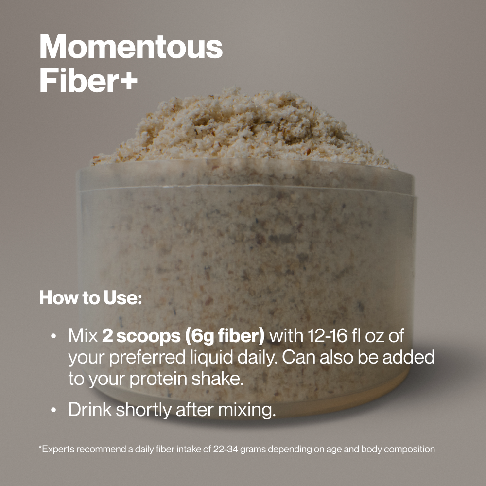 Fiber+ powder in clear container with tan-colored granules heaped on top against gray background.
