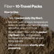 Momentous Fiber+ 10-Travel Packs, how to use: take 1 packet daily for 6g fiber, mix with cold or room-temperature water or add to your favorite shake, smoothie, yogurt, or food. New to fiber? Start with half a packet, 3g fiber, daily and gradually increase to a full packet as your body adjusts. Mix well and enjoy shortly after preparing. Loose tan fiber powder across a gray background. (388 chars)