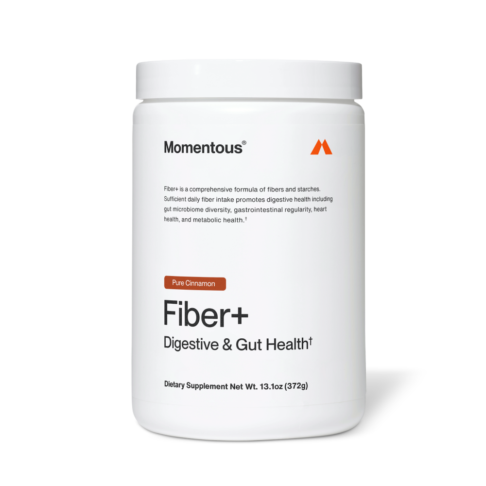 Momentous Fiber+ Pure Cinnamon.
Digestive & Gut Health.
Fiber+ is a comprehensive formula of fibers and starches. Sufficient daily fiber intake promotes digestive health including gut microbiome diversity, gastrointestinal regularity, heart health, and metabolic health.
Dietary Supplement Net Wt. 13.1 oz (372g).