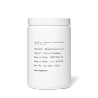 White container labeled Momentous Fiber in Pure Cinnamon flavor, 13.1oz dietary supplement powder.