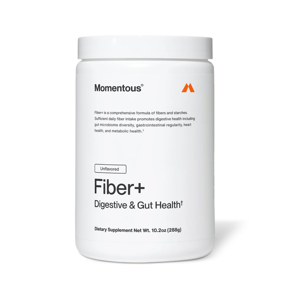 Momentous.
Fiber+ is a comprehensive formula of fibers and starches. Sufficient daily fiber intake promotes digestive health including gut microbiome diversity, gastrointestinal regularity, heart health, and metabolic health.
Unflavored.
Fiber+.
Digestive & Gut Health†.
Dietary Supplement Net Wt. 10.2 oz (288g).