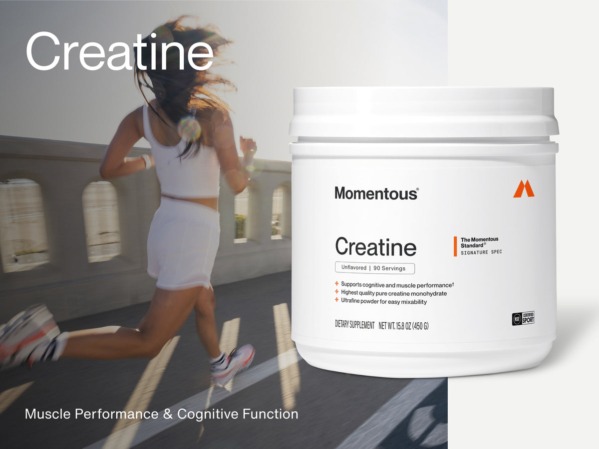 Momentous Creatine tub, unflavored, 90 servings, beside a runner in white on a sunlit bridge — headline reads Creatine, muscle performance and cognitive function. (159)