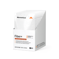 Box of 10 Momentous Fiber+ Pure Cinnamon travel packets, dietary supplement.