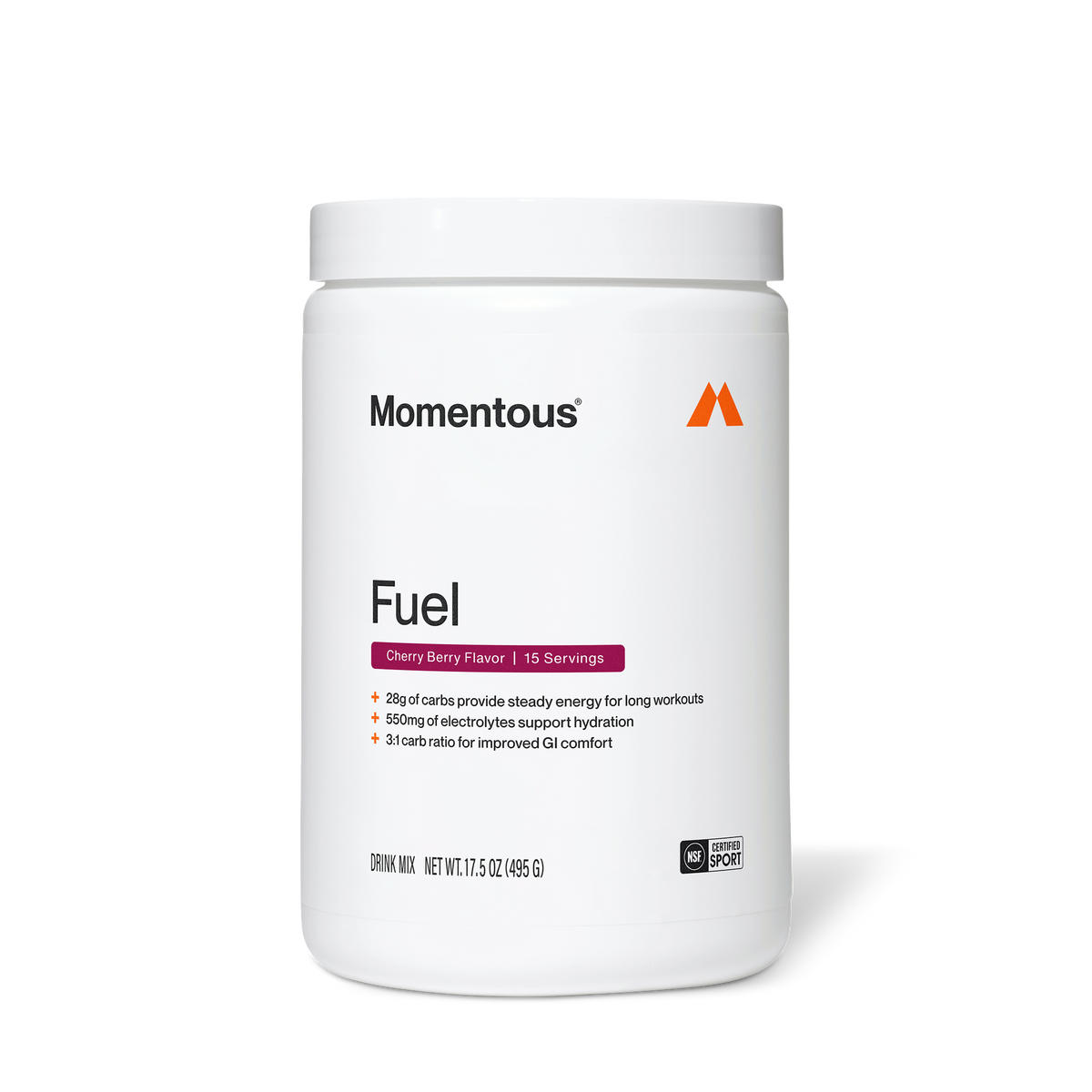 Momentous Fuel drink mix tub, Cherry Berry Flavor, 15 servings, net wt 17.5oz 495g, NSF Certified Sport: 28g of carbs provide steady energy for long workouts, 550mg of electrolytes support hydration, and a 3:1 carb ratio for improved GI comfort. (245 chars)