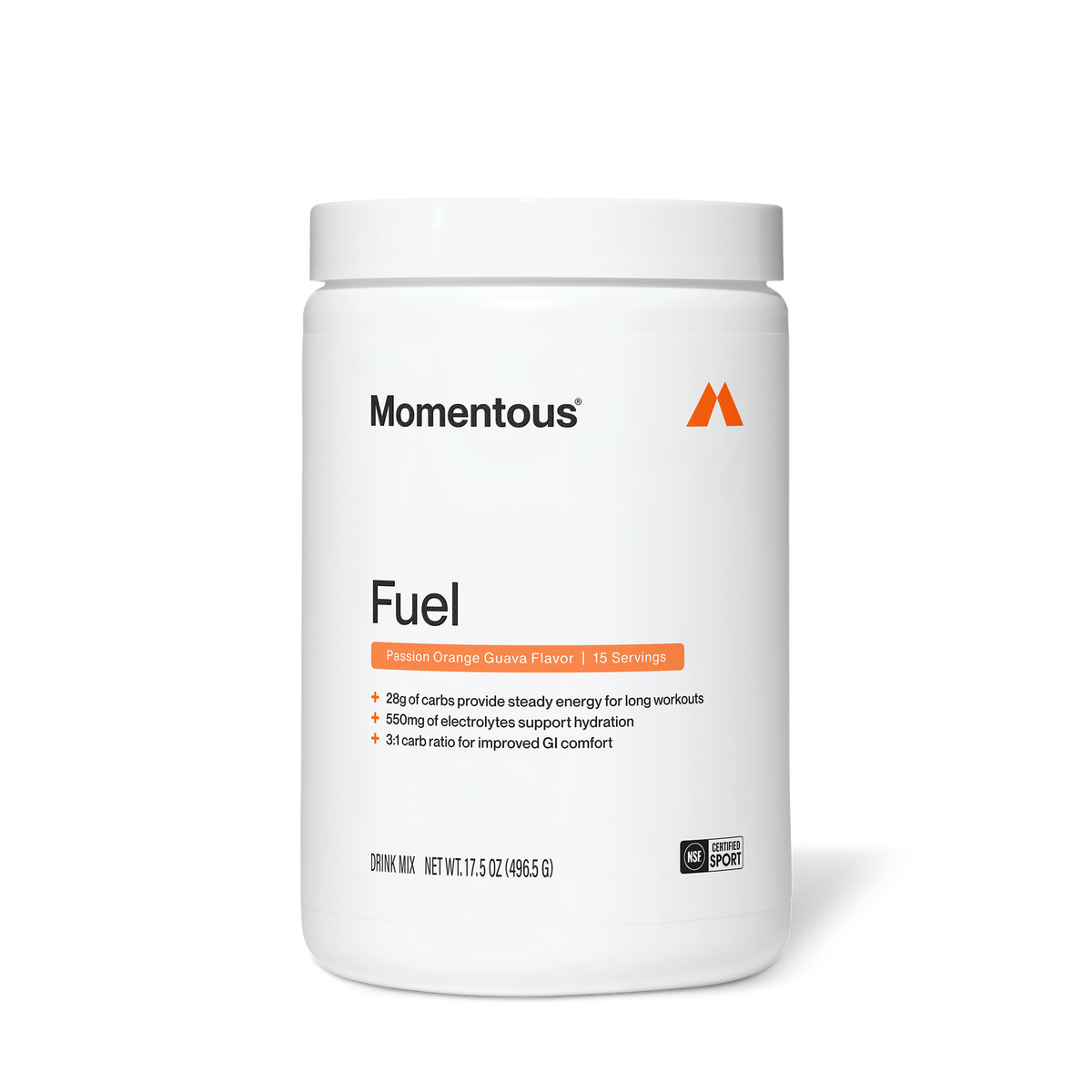 Momentous Fuel drink mix tub, Passion Orange Guava Flavor, 15 servings, net wt 17.5oz 496.5g, NSF Certified Sport: 28g of carbs provide steady energy for long workouts, 550mg of electrolytes support hydration, and a 3:1 carb ratio for improved GI comfort. (255 chars)