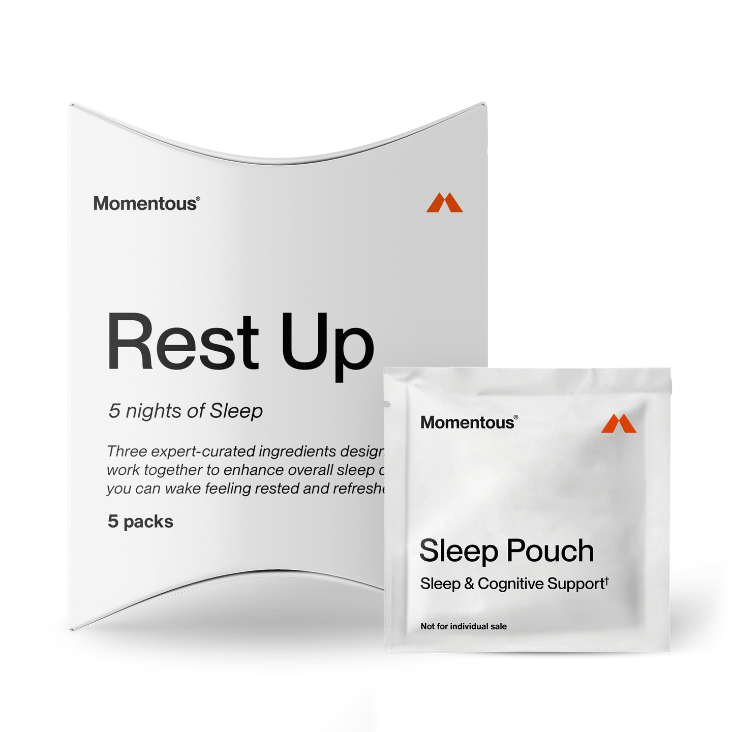 Momentous Rest Up Sleep 5-pack with outer carton and individual Sleep Pouch packet for five nights of sleep support.