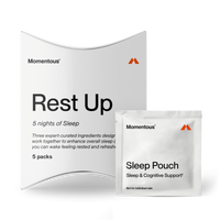 Momentous Rest Up Sleep 5-pack with outer carton and individual Sleep Pouch packet for five nights of sleep support.